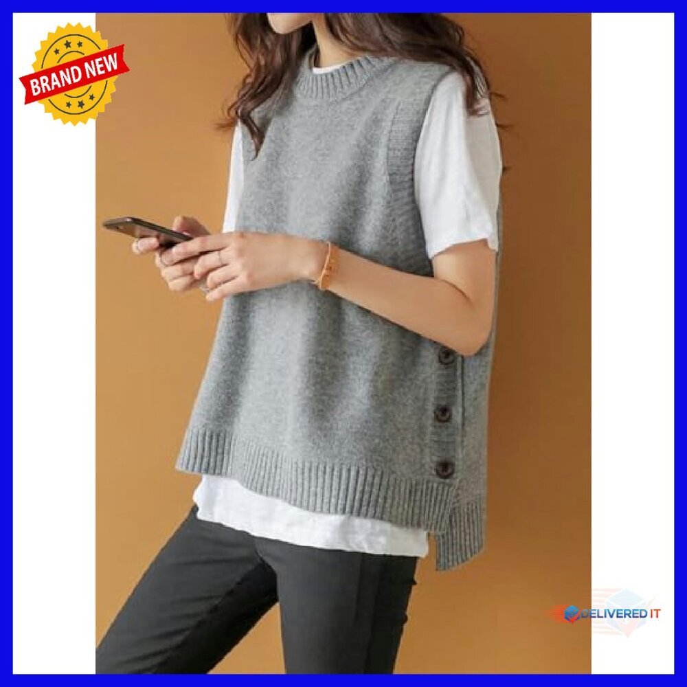 Sleeveless Ribbed Sweater Vest Crew Neck Loose Fit Pullover Top - Picture 4 of 8